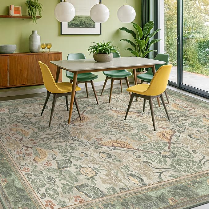 Floral Large Rugs for Living Room 10x14 - Sage Green Area Rug for Dining Room Under Kitchen Table, Large Bedroom, Playroom, Washable Folable Non Skid Low Pile Indoor Carpet