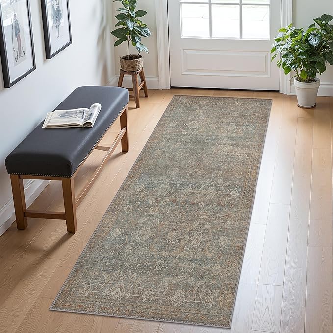 2x10 Runner Rug Machine Washable Boho Runners for Hallway,Ultra-Thin Low Pile Rug,Lightweight Indoor Carpet,Non Slip Floral Runners for Enrtyway, Corridor, Home Office, Kitchen,Grayish Blue