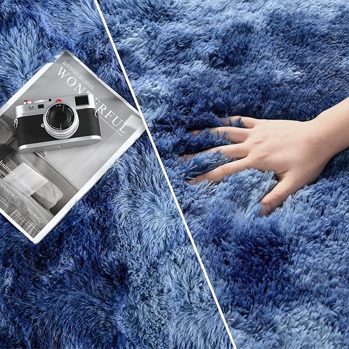 Large Shag Area Rugs 8 x 10, Plush Fuzzy Rugs for Living Room, Ultra Soft Fluffy Furry Rug for Bedroom, Indoor Carpet Nursery Rugs for Kids Room Home Decor, Tie-Dyed Navy Blue