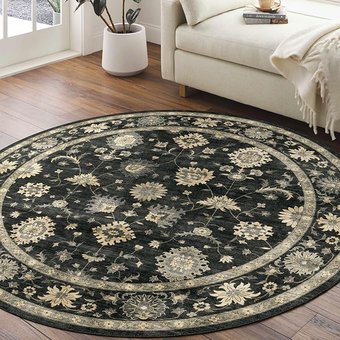 Washable Round Area Rug 8ft - Charcoal Black Traditional Floral Living Room Circle Rug 8x8 Non-Slip Farmhouse Dining Room Carpet Soft Vintage Boho Round Rugs for Bedroom Office Entryway