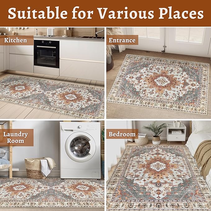 Tangsoo Oriental Hallway Runner Rugs 2.6x14 Washable Runner Rug for Hallways, Non Slip Vintage Soft Low Pile 14ft Long Rug Runner, Carpet Runners for Kitchen Bedroom Entryway Living Room Turmeric