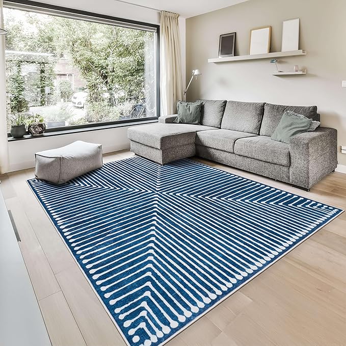 GLN Rugs Contemporary Collection - Machine Washable Area Rug, Contemporary Washable, Non Slip, Low Pile Chenille Rug, Living Room, Bedroom, Kitchen Rug (8' x 10' Lines Blue)