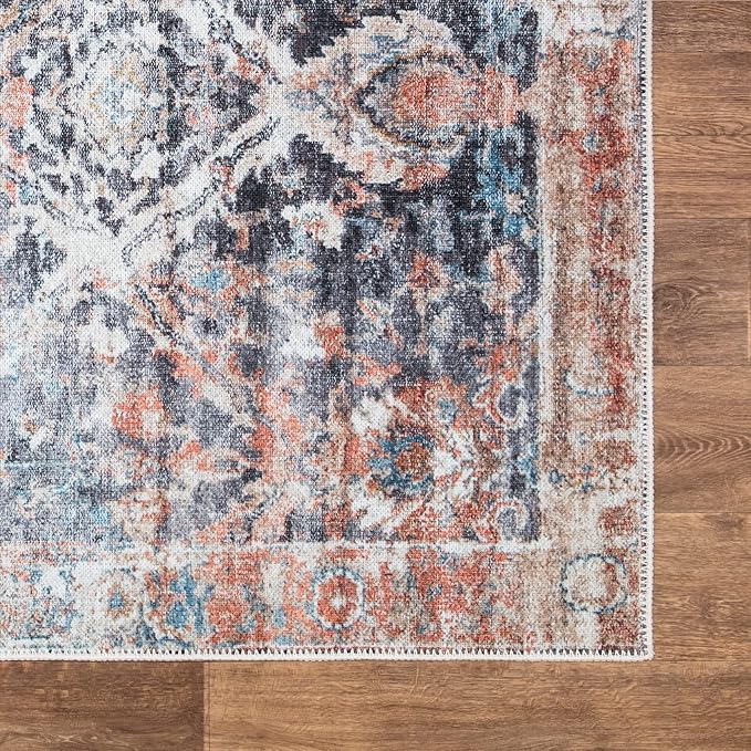 Bloom Rugs Washable Non-Slip 6' x 9' Rug - Orange/Black Traditional Area Rug for Living Room, Bedroom, Dining Room, and Kitchen - Exact Size: 6' x 9'