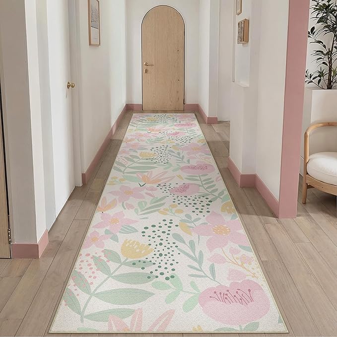 Floral Runner Rug 3x10 Washable Hallway Pink Bedroom Non Slip Cute Long Kitchen Carpet Botanical Indoor Soft Accent Rug for Bathroom Dining Laundry Living Room