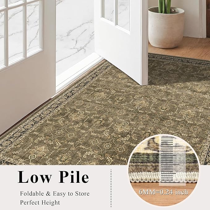 Washable Area Rug 5x7 Brown Rugs for Living Room, Vintage Boho Large Rug for Bedroom Dining Room Office, Distressed Floral Print Carpet for Under Table, Soft Non Slip Low Pile Throw Carpet Indoor Mat