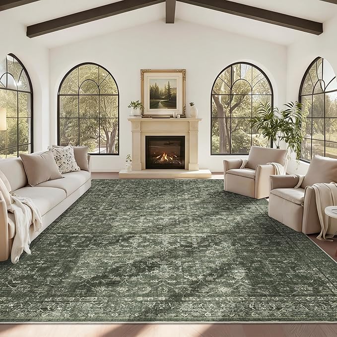10x14 Washable Area Rugs for Living Room, Green Vintage Boho Large Rug for Bedroom Dining Room Office, Distressed Floral Floor Carpet Soft Non Slip Low Pile Farmhouse Indoor Mat
