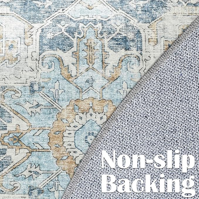 jinchan Kelda Round Rug 4ft Washable Area Rug Indoor Vintage Floor Cover Distressed Circle Mat 4' Round Lightweight Non Slip Low Pile Thin Carpet for Entryway Kitchen Living Room Bedroom Blue