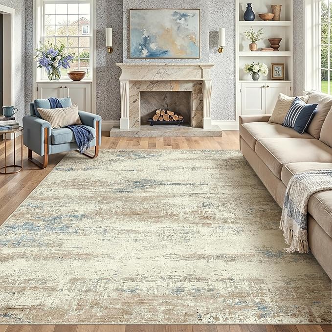 6x9 Area Rug Washable Beige Brown Abstract Living Room Carpet Non Slip Modern Neutral Soft Low Pile Contemporary Aesthetic Bedroom Large Rug Indoor Office Dining Room Playroom