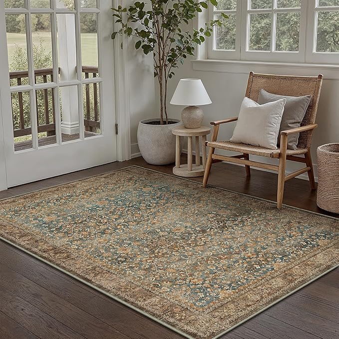 Area Rug 3x5 Entryway Office Washable Vintage Carpet Non Slip Indoor Kitchen Door Mat Retro Traditional Accent Throw Small Rug Brick Red for Bathroom Bedroom Dining Living Room