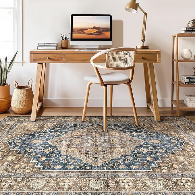 8x10 Area Rugs Living Room: Washable Boho Large Neutral Vintage Soft Rug Stain Resistant Farmhouse Non-Slip Indoor Floor Carpet for Bedroom Nursery Kids Office Dining Room Playroom- Yellow Blue