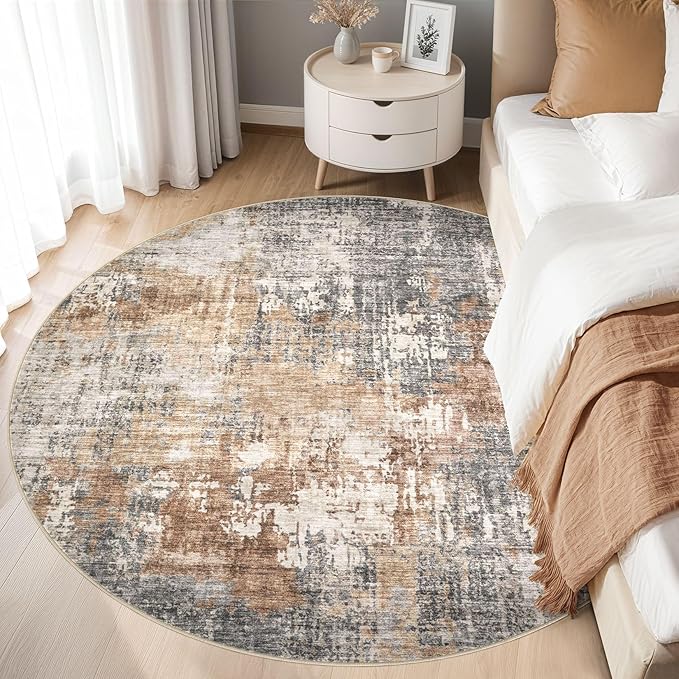 8ft Round Area Rug Living Room Rugs - 8x8 Washable Large Soft Indoor Neutral Modern Abstract Low Pile Rug Carpet for Bedroom Dining Room Farmhouse Home Office - Grey Brown
