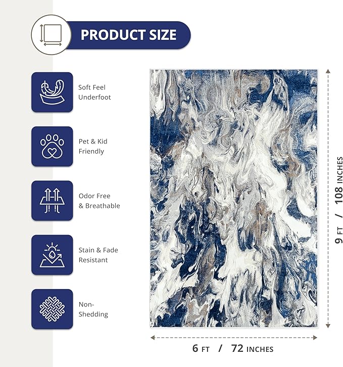 Abani Regal Blue Area Rug for Living Room, Bedroom - Swirl Abstract Pattern - 6' x 9' - Durable & Easy to Clean Washable