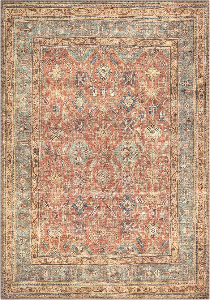Bloom Rugs Washable Non-Slip 2' x 3' Rug - Terracotta/Mustard Traditional Oriental Area Rug for Living Room, Bedroom, Dining Room, and Kitchen - Exact Size: 2' x 3'