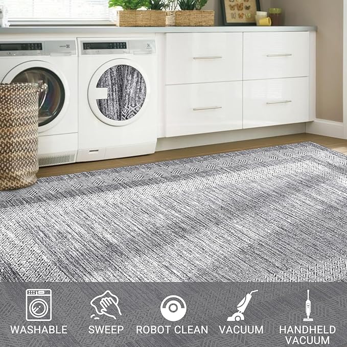 GarveeHome 10x13 Large Washable Geometric Area Rug Non Slip Non Shedding Floor Carpet, Modern Bordered Distressed Gray Indoor Printed Rug for Living Room, Bedroom, Office