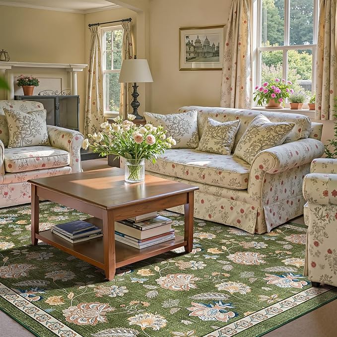 jinchan Elora 8x10 Floral Rug for Living Room Washable Bedroom Rug Vintage Romance Design Non Slip Thin Indoor Floor Cover Large Low-Profile Throw Carpet for Dining Room Office, Green