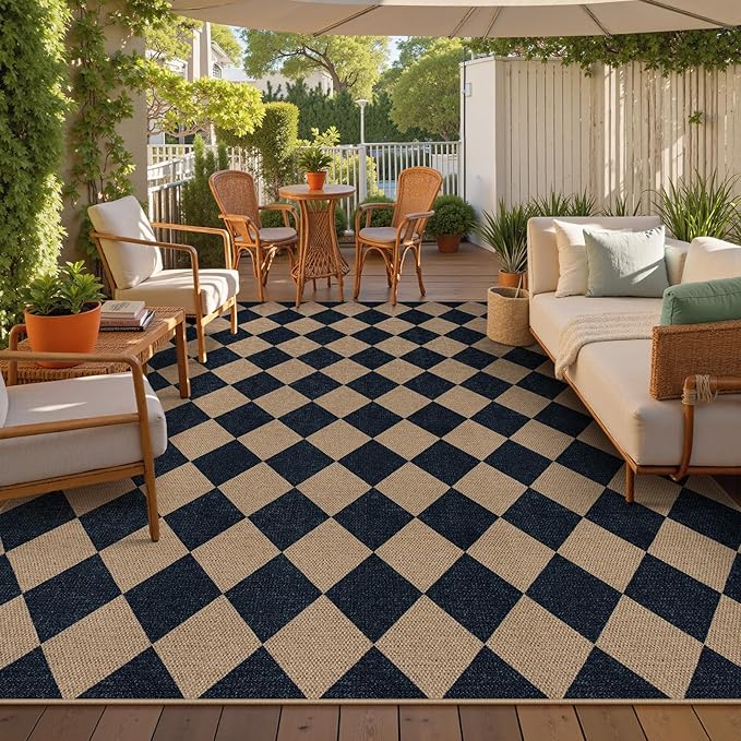 Lahome Checkered Easy Jute Carpet, Washable 8x10 Rugs for Living Room Outdoor Patio Rugs, Farmhouse Neutral Non Slip Stain Resistance Floor Carpet for Office Backyard Sunroom
