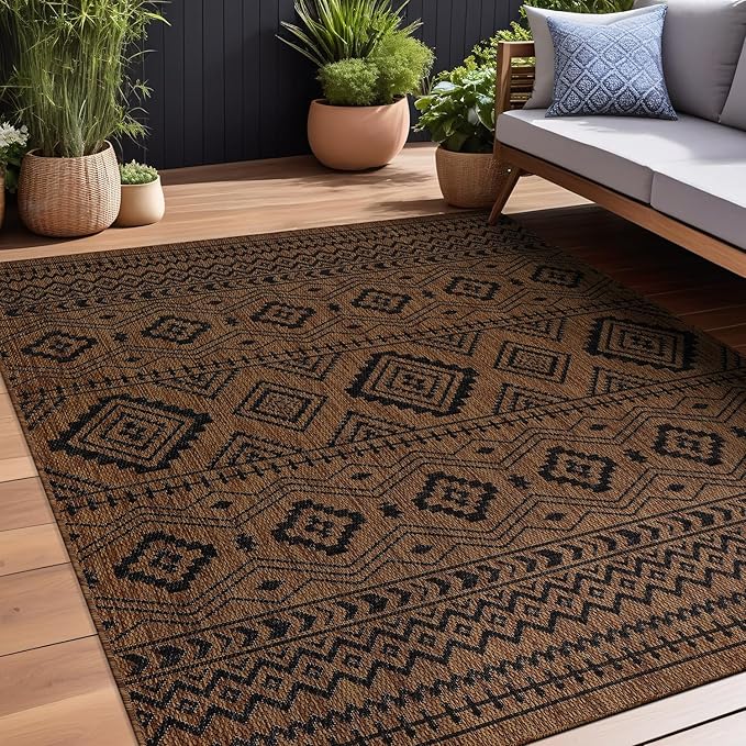 Beverly Rug Waikiki Boho Indoor Outdoor Rug 8x10, Washable Outside Carpet for Patio, Deck, Porch, Bohemian Area Rug, Farmhouse Rugs, Aztec Tribal Rug, Nut Brown and Black