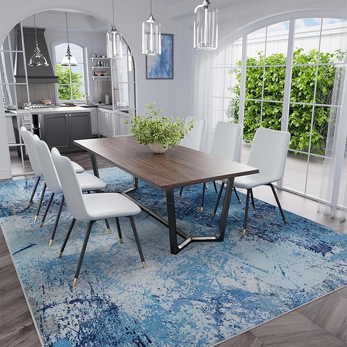 Arbosofe Modern Abstract Rug for Living Room, 6'x9' Washable Area Rug with Non-Slip Backing & Short Pile, Large Carpet with Abstract Pattern for Living Room Bedroom and Dining Floor Carpet Blue