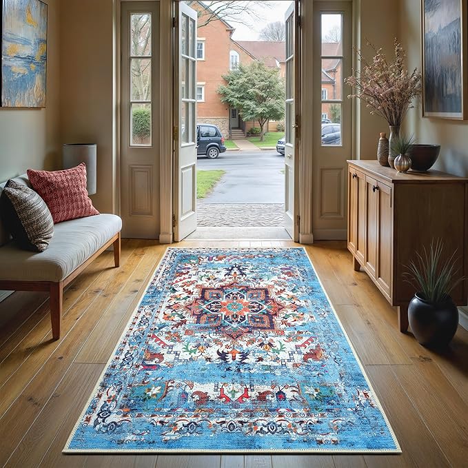 GLN Rugs Traditional Collection - Machine Washable Area Rug, Traditional Washable, Non Slip, Low Pile Chenille Rug, Living Room, Bedroom, Kitchen Rug (2'6" x 7' Blue/Multicolor)