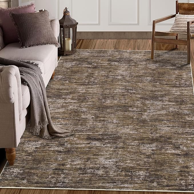 RUGSREAL 8x10 Washable Rug for Living Room Non-Slip Modern Abstract Area Rug Stain Resistant Large Bedroom Rug Contemporary Accent Throw Floor Carpet Solid Rug for Dining Room Home Decor, Brown