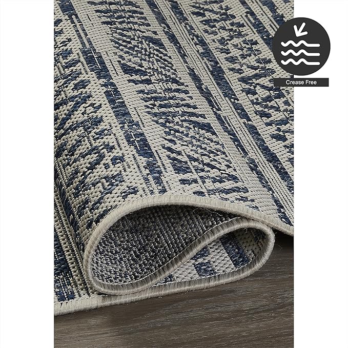FH Home Flat Woven Outdoor Rug - Waterproof, Easy to Clean, Stain Resistant - Premium Polypropylene Yarn - Striped Boho - Large Patio, Deck, Sunroom - Amman - Blue - 7ft 8in x 9ft 8in