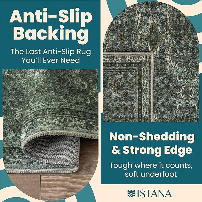 Istana 8x10 Area Rug - Dark Green 8x10 Rugs for Living Room - Foldable Rugs for Bedroom - Stain Resistant Washable Rug - Eco-Friendly Area Rugs - Easy to Clean Living Room Rug