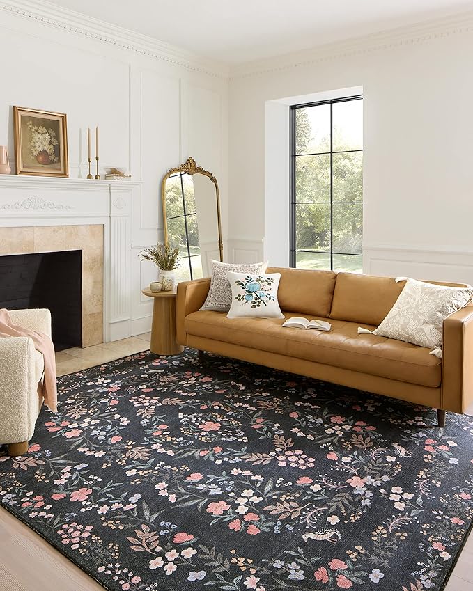 Loloi Rifle Paper Co. Maison Collection MAO-04 Tuileries Black 3'-0" x 3'-0" Round, .19" Pile Height, Accent Rug