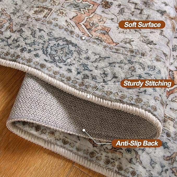 Tangsoo Vintage Small Washable Rugs for Entryway, 2x3 Rug Non Slip Grey Rug Throw Accent Indoor Front Door Distressed Door Mat, Soft Low Pile Area Rugs for Entrance Kitchen Bathroom