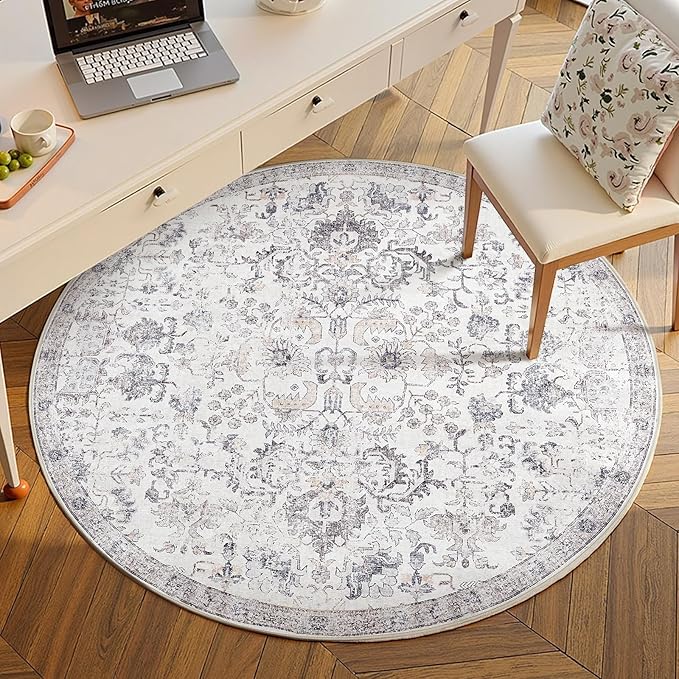 jinchan Kalen Round Rug 5ft Area Rug Washable Vintage Indoor Retro Entryway Floor Cover Distressed Gray Floral 5' Round Circle Boho Non Slip Thin Carpet for Bedroom Living Room Dining Room Grey