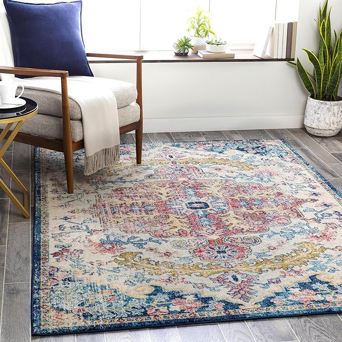 Livabliss Area Rugs - 5x7 Odelia Vintage Boho Aqua Burgandy Blue Area Rug for Living Room Bedroom - Floral Medallion Stain Resistant Carpet for Kitchen, Nursery, Office (5'3" x 7'3")