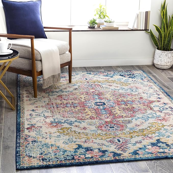Livabliss Area Rugs - 7x9 Odelia Vintage Boho Aqua Burgandy Blue Area Rug for Living Room Bedroom - Floral Medallion Stain Resistant Carpet for Kitchen, Nursery, Office (6'7" x 9')