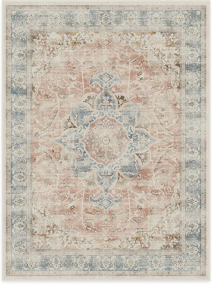 RUGGABLE Washable Vintage Area Rug – Sarrah Coral 9x12, Stain-Resistant, Non-Slip – Large Machine Washable Rugs for Living Room, Bedroom, Hallway, Entryway & Office–with Cushioned Pad