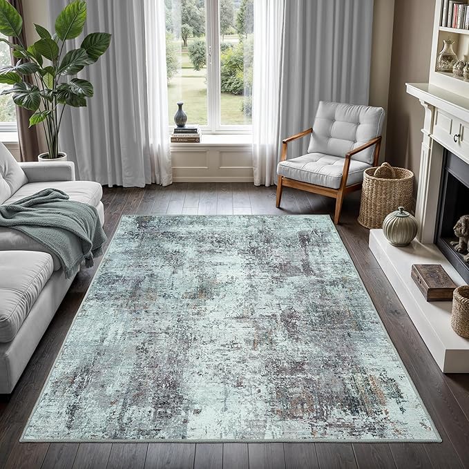 GLN Rugs Contemporary Collection - Machine Washable Area Rug, Contemporary Washable, Non Slip, Low Pile Chenille Rug, Living Room, Bedroom, Kitchen Rug (4' x 6' Grey/Green)