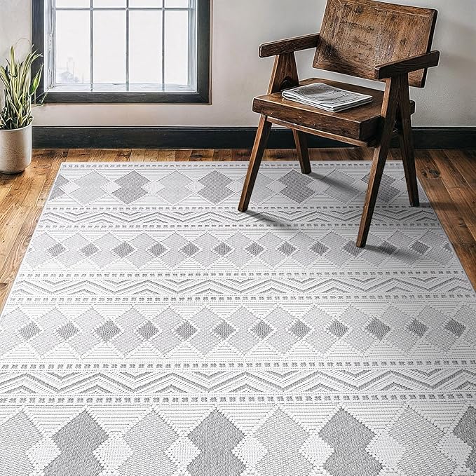 CAMILSON Micro Loop Rug 4x6 Modern Luxury Geometric Boho Diamond Area Rugs Soft High and Low Pile Stain Resistant Easy-Cleaning Non-Shedding for Living Room Office Indoor Carpet (4 x 6 / White - Gray)