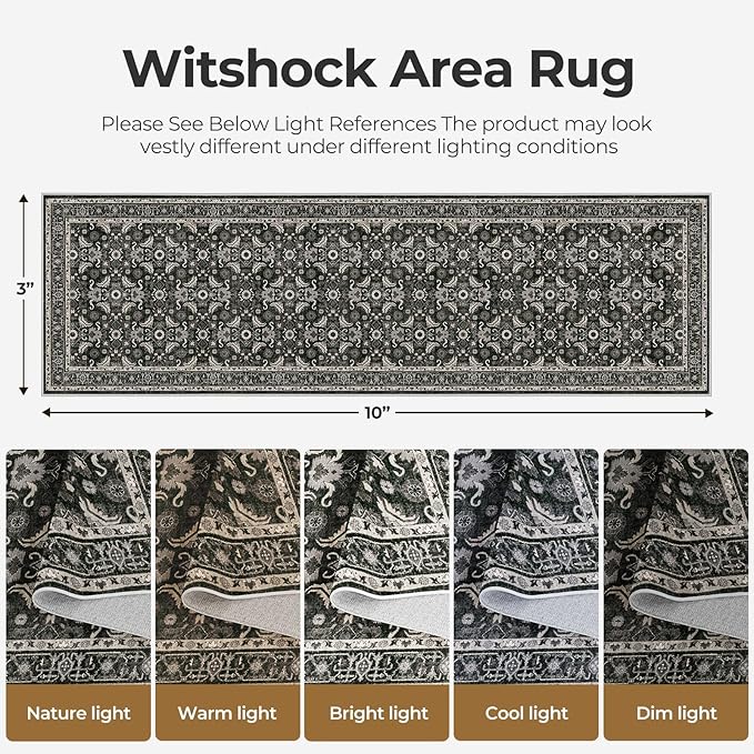 WITSHOCK Living Room Area Rugs 3x10: Soft Non-Slip Backing Washable Rugs Vintage Large Carpet for Bedroom Office Dining Room Kitchen Stain Resistant Home Decor Rug,Black