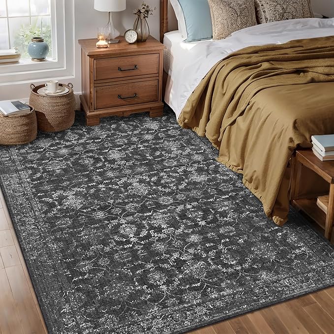 Washable Area Rug 5x7 Black Rugs for Living Room, Vintage Boho Large Rug for Bedroom Dining Room Office, Distressed Floral Print Carpet for Under Table, Soft Non Slip Low Pile Throw Carpet Indoor Mat
