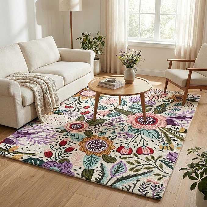 Hand-Tufted Floral Area Rug - Colorful Garden Design with Beautiful Flower Patterns - Modern Style Premium Carpet for Living Room & Bedroom or Kitchen (8' x 10')
