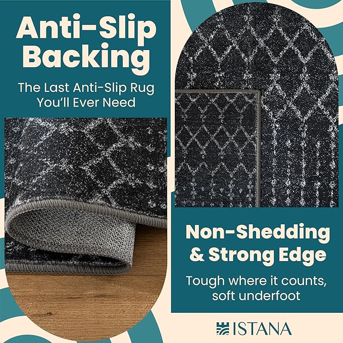 Istana Hallway Runner Rug 2.5x8 - Black Kitchen Rugs Non Slip Washable -Silk's Soft Touch Carpet Runner - Stylish Rugs for Home