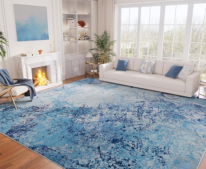 Arbosofe Modern Abstract Rug for Living Room, 6'x9' Washable Area Rug with Non-Slip Backing & Short Pile, Large Carpet with Abstract Pattern for Living Room Bedroom and Dining Floor Carpet Blue