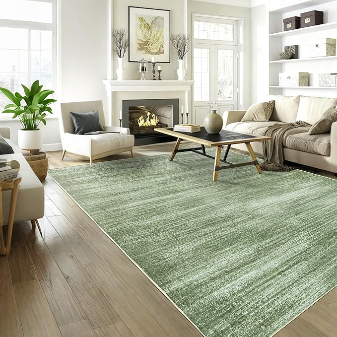 Olive Green 9x12 Area Rug Living Room Minimalist Modern Abstract Style Extra Large Rugs for Office Dining Room Table Loden Green Low Pile Floor Covering Carpet with Non Slip Washable