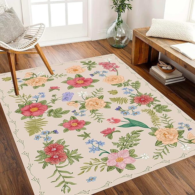 Rustic Flower Area Rug, 5x6ft, Classic Colorful Bohemian Floral Pattern with Beige Large Hall Botanical Rug, Non Slip No Crease Easy Care Girls Room Decor Carpet for Relax Room Bedroom