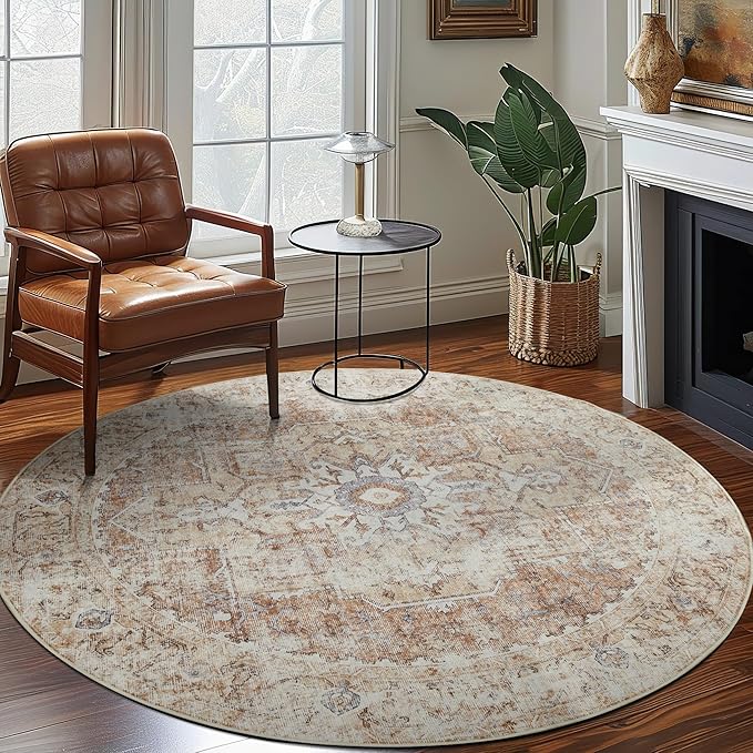 jinchan Kelda Round Rug 7ft Washable Area Rug Indoor Vintage Bedroom Floor Cover Distressed Circle Mat 7' Round Lightweight Non Slip Low Pile Thin Farmhouse Carpet for Living Room Brick Red