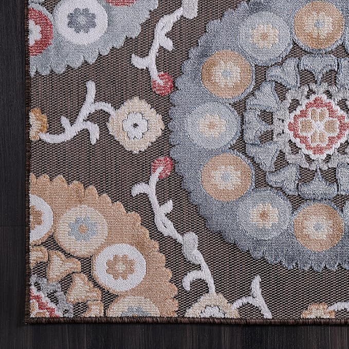 CAMILSON Indoor Outdoor Rug 9x12 Bohemian Medallion Floral Area Rugs for Indoor and Outdoor Patios Easy-Cleaning Non-Shedding Living Room Garden and Kitchen Washable Outside Carpet (9 x 12 / Brown)