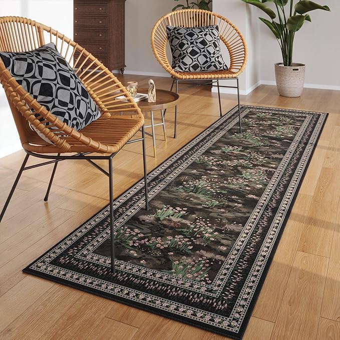 Rugcomf Runner Rug Impressionist-Style Vintage Kitchen Rugs Non Slip Washable Soft Carpet Runner for Kitchen Laundry Bedroom Bathroom, Black