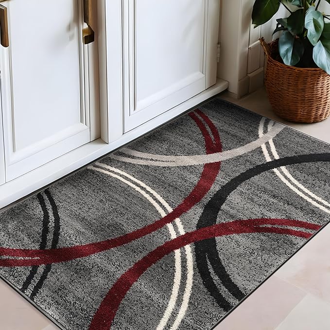 Rugshop Modern Wavy Circles Design Non-Shedding Accent Rug, Carpet for Entryway or Laundry Room, Red, 2'7" x 4'