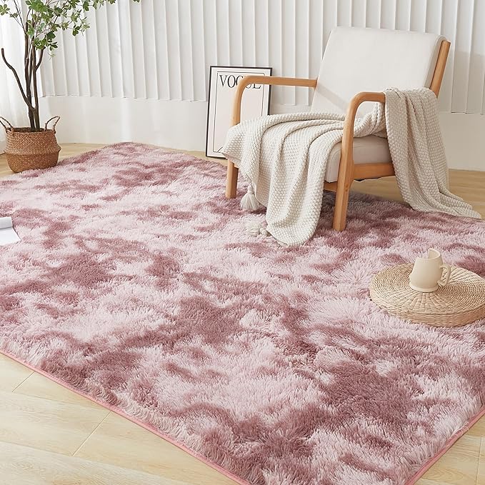 Andency Soft Area Rugs for Living Room Bedroom, 5x8 Fluffy Shaggy Bedside Rug, Non-Slip Large Shag Fuzzy Plush Carpets for Bedroom Kids Dorm Nursery Home Decor Aesthetic, Tie-Dyed Dusty Pink