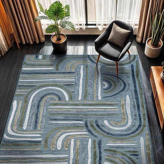 CAMILSON Indoor Outdoor Rug, Aqua 6x9 Geometric Arch Striped Area Rugs for Patio and Home Areas, Easy-Cleaning Non-Shedding Living Room, Garden and Deck Washable Outside Carpet (6 x 9)