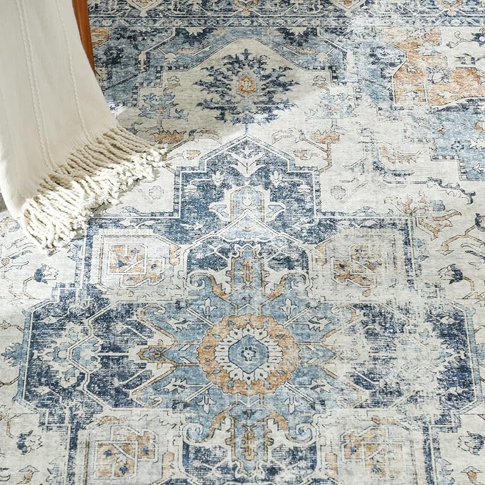 jinchan Kelda Area Rug 2x3 Entryway Rug Washable Doormat Vintage Retro Indoor Distressed Door Mat Accent Floor Cover Lightweight Non Slip Low Pile Carpet for Bathroom Kitchen Living Room Bedroom Blue