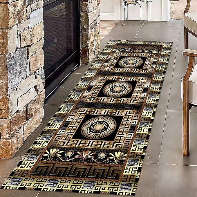 Luxury Greek Key Runner Rug, 4x10ft, Black Gold Arabic Style Long Hallway Rug Runners, Modern Black Gold Rugs for Living Room, Easy Clean Pet Friendly Non-Slip Mat for Entryway Floor