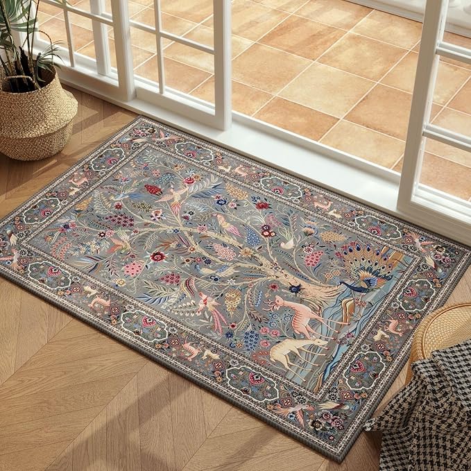 Rugcomf Indoor Door Mat 2x3 Rug Vibrant Tree of Life-Patterned Vintage Machine Washable Small Area Rug Non-Slip Low Pile Throw Rugs for Entryway Kitchen Front Door Entrance Entry Kids Room, Grey